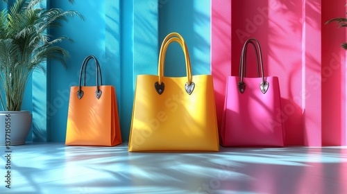 Bright 3D shopping bags with lifelike rendering on muted pastel background. Professional visuals for retail and e-commerce use.