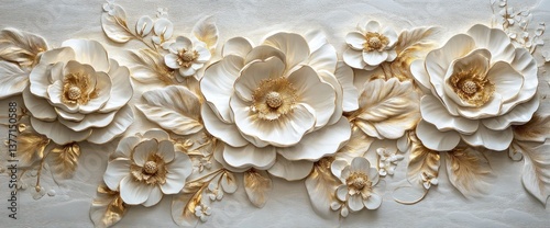 elegant floral arrangement of sculpted white petals with gilded edges on a textured white background