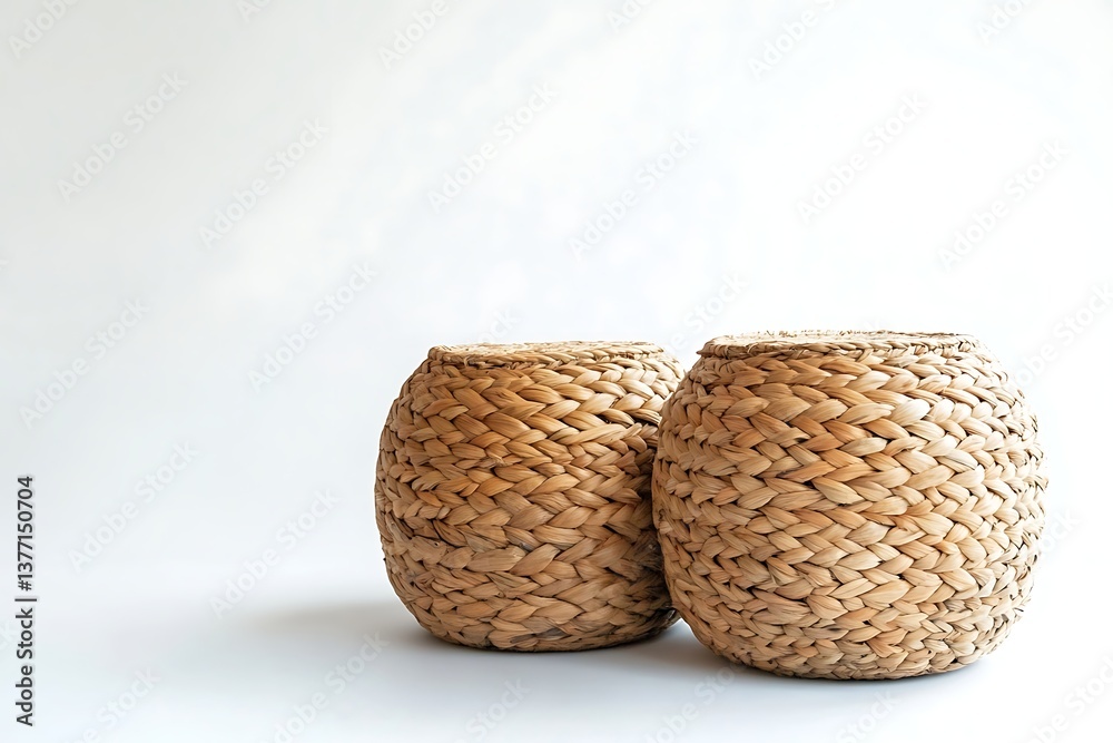 Two woven wicker stools on white backdrop ideal for home decor and sustainable design Two woven wicker stools on white backdrop ideal for home decor and sustainable design