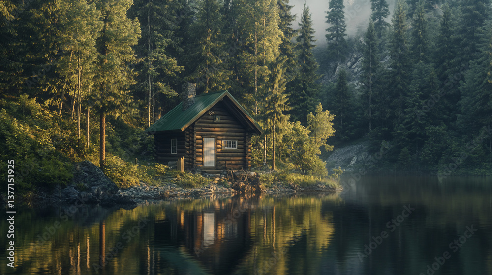 Secluded log cabin by tranquil lake in misty forest. Secluded log cabin by tranquil lake in misty forest.