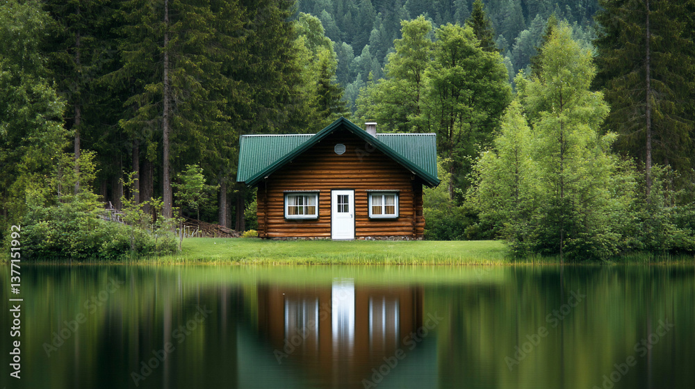 Fototapeta premium Secluded log cabin by tranquil lake, reflected in still water, surrounded by lush green forest.