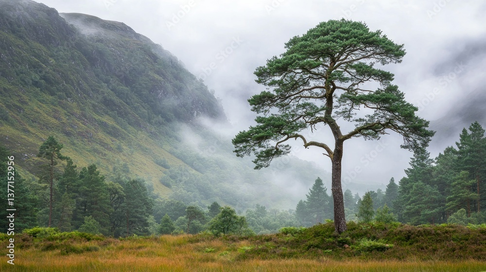 Obraz premium Misty Highland Valley, Lone Pine, Scotland