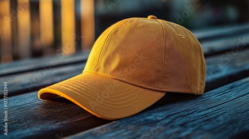 Wallpaper Mural Golden Hour Baseball Cap Stylish Mustard Yellow Hat on Rustic Wood Torontodigital.ca