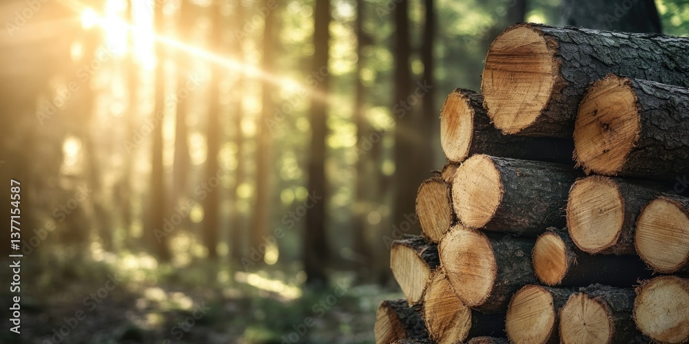 Sunlight Pierces Forest, Wood Pile Awaits Sunlight Pierces Forest, Wood Pile Awaits