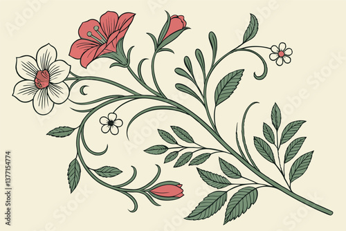 Vintage Floral Engraving Illustration  Classic Botanical Etching Artwork