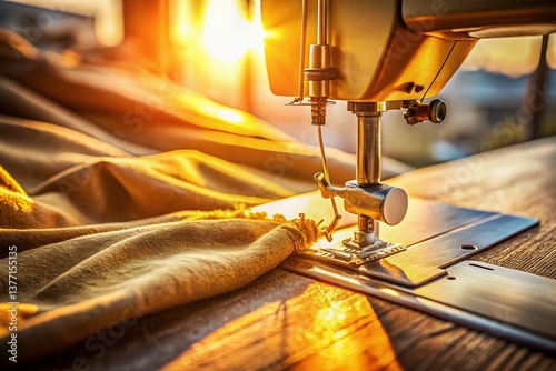 Backlit Close-up of Sewing Machine Work Area - Horizontal Aerial View