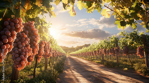 Sunlit Vineyard Path with Ripe Red Grapes