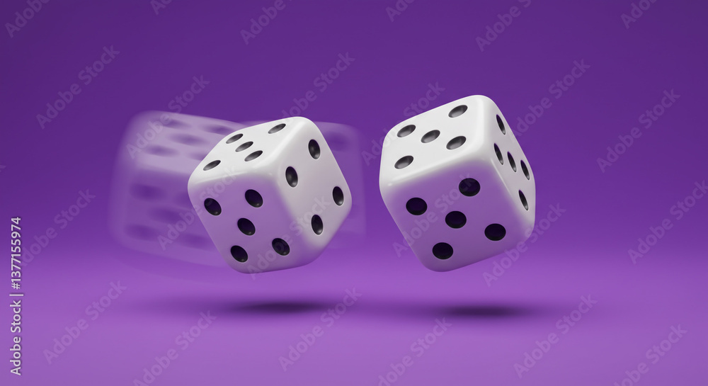 Two white dice in mid-air, a moment of suspense before the roll reveals fate's decision on a vibrant purple background. Two white dice in mid-air, a moment of suspense before the roll reveals fate's decision on a vibrant purple background.