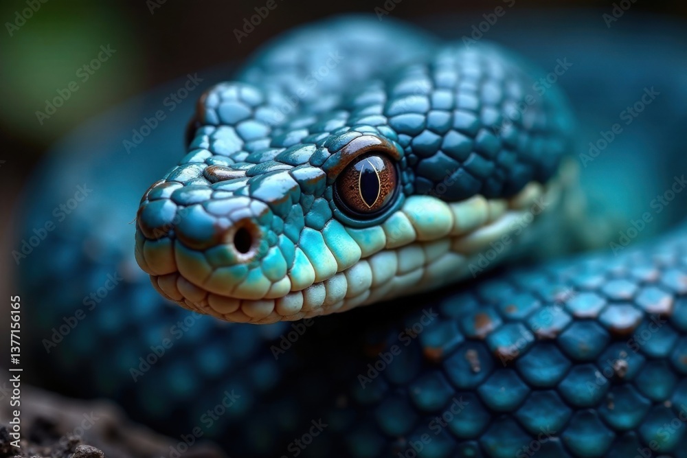 Snake's close-up face with vibrant blue scales and distinctive head shape, venomous, serpent Snake's close-up face with vibrant blue scales and distinctive head shape, venomous, serpent