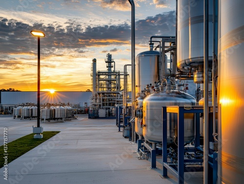 Modern propane processing plant at sunset with machinery storage tanks and business operations in the background. Sunset refinery silhouette.