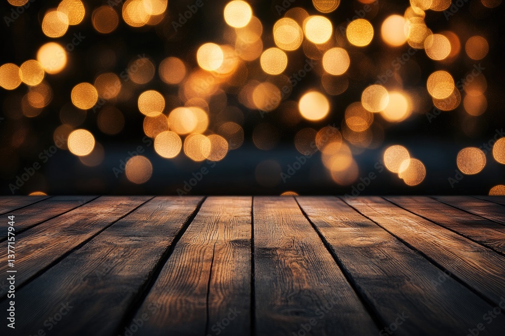 Wooden table surface with warm bokeh lights Wooden table surface with warm bokeh lights
