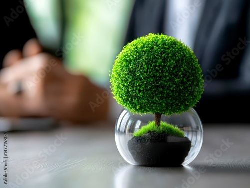 Professionals discussing climate balance strategies to reduce corporate carbon footprint focus cover all object deep dept of field. Experts plan green business future.