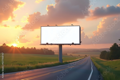 Scenic Highway Billboard Mockup at Sunset, A Blank Canvas for Your Advertising Message Amidst Golden Skies and Rolling Green Fields on an Open Road