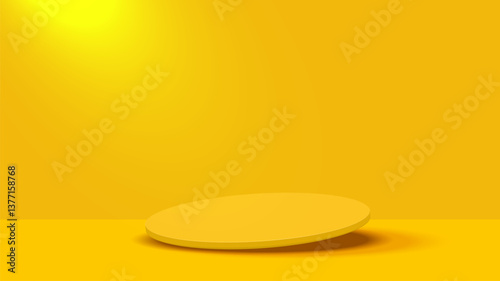 Yellow platform tilted decorated with spotlighting on yellow wall background. Pedestal scene with for product, advertising, show. Geometric base for your graphic. Vector illustration.