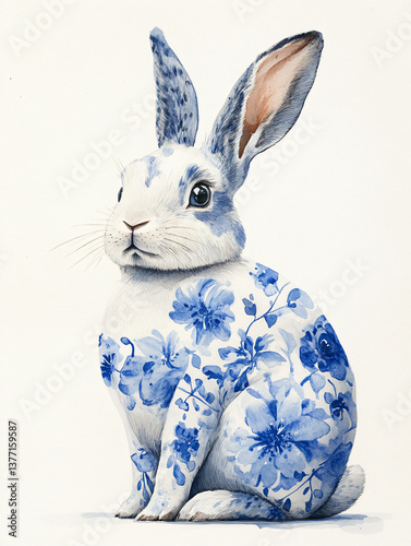 Rabbit flower porcelain body art blue white bunny animal floral pattern detail background watercolor clipart nature pet soft elegant texture design leaf painting natural fur cute decorative object