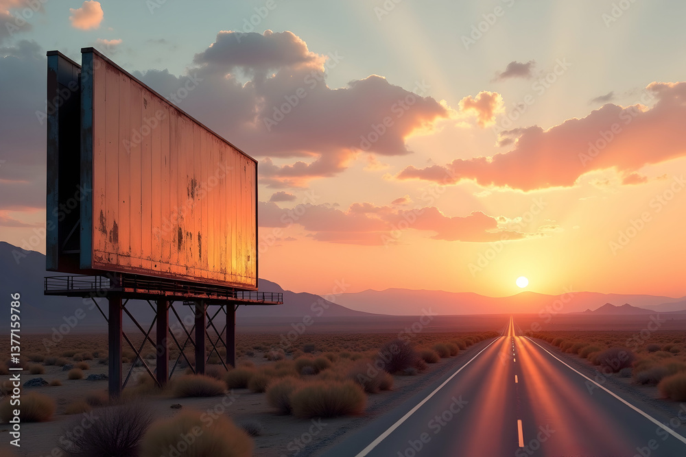 Serene Desert Landscape, A Weathered Billboard Stands Tall Beside a Straight Highway Leading to a Breathtaking Sunset, Creating a Sense of Journey and Hope