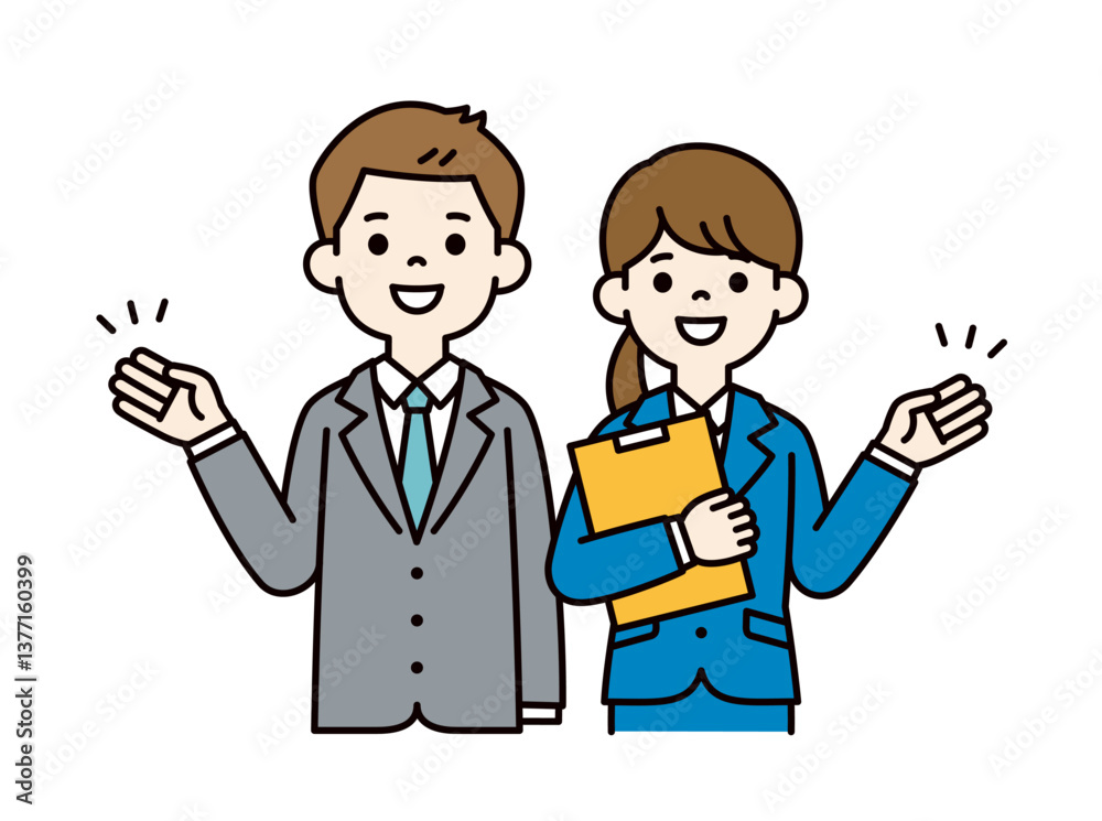 手を添えて説明する、若い男女の会社員のベクターイラスト素材＿＿線の編集可能＿カラー