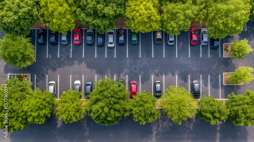 Fototapeta Naklejka Na Ścianę i Meble -  Cars parked in organized lines under lush trees in a busy parking lot during daylight hours