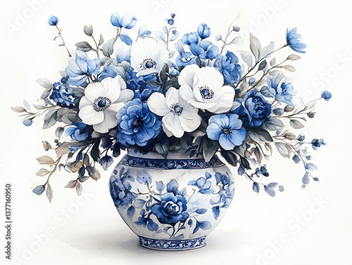 Watercolor porcelain vase clipart blue white flower bouquet peony ceramic pottery floral arrangement vintage oriental style handpainted botanical art decoration isolated detailed elegant object
