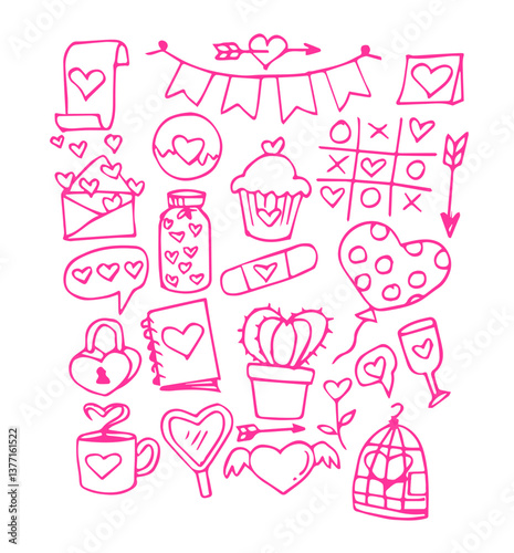 Doodle love set hand drawn. Valentines day for wedding isolated on white background
