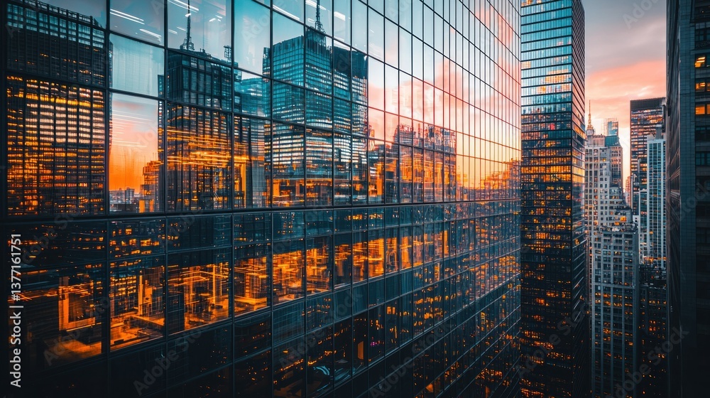 Fototapeta premium NYC Skyscrapers Reflecting Sunset Cityscape