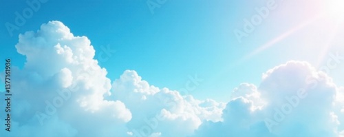 Soft gradient blue sky with fluffy white clouds, clear, atmosphere