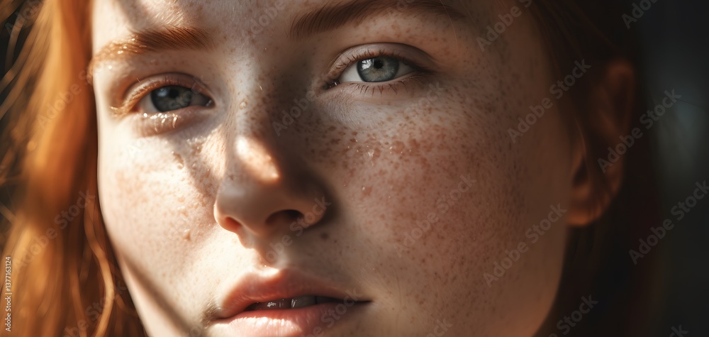 Fototapeta premium Close-up of a woman with red hair, freckles, and fair skin, partially illuminated by sunlight. Expressive eyes and soft features are highlighted.