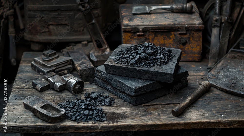 Detailed Still Life of Industrial Tools and Coal on Wooden Table Detailed Still Life of Industrial Tools and Coal on Wooden Table