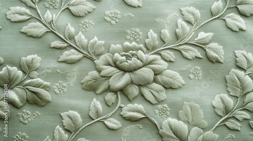 Wallpaper Mural Elegant Sage Green Floral Embroidery on Fabric Texture Torontodigital.ca