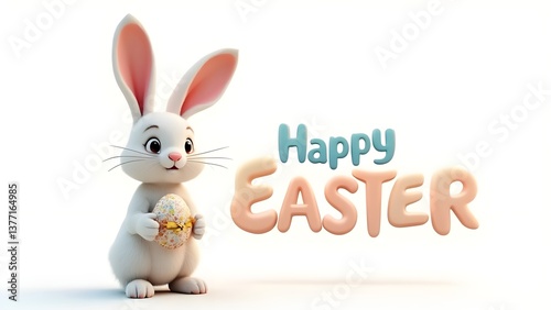 3D Easter bunny with Happy Easter typography, perfect for festive, spring, and holiday-themed designs