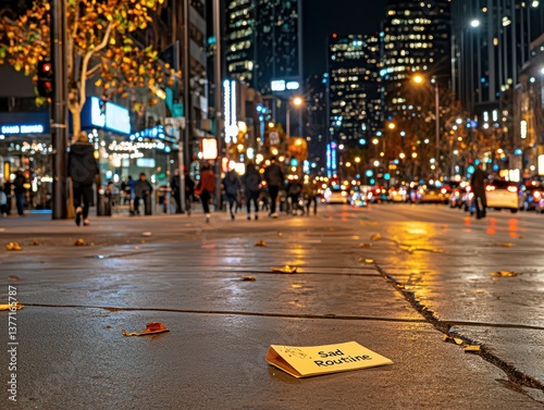 A yellow note reading 'Sad Routine' lays on the street at night, surrounded by pedestrians and city lights.