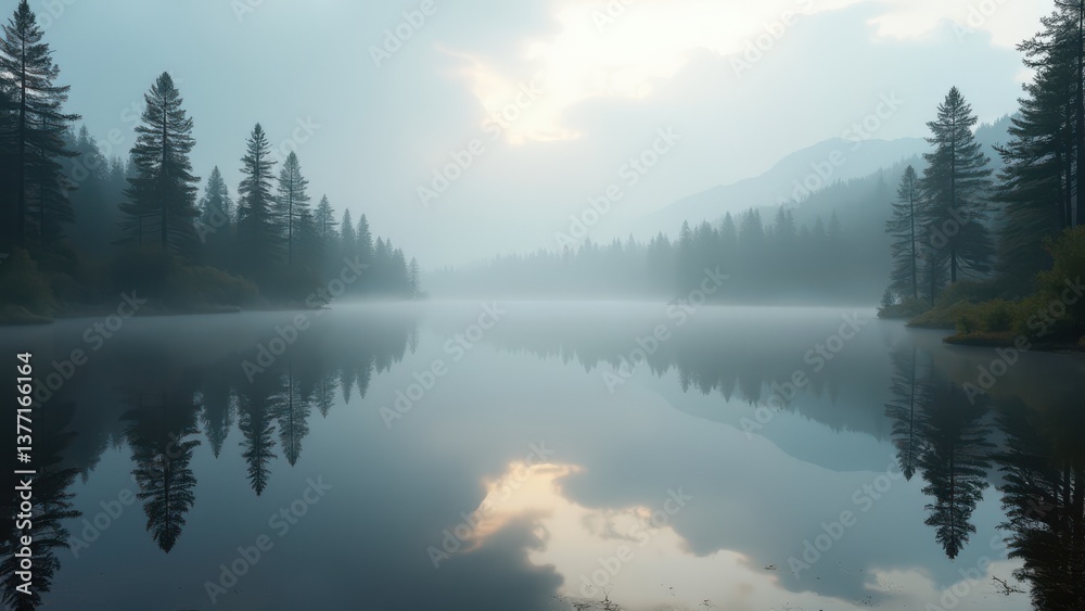 Fototapeta premium Misty mountain lake surrounded by forest in a calm and silent solitude landscape 