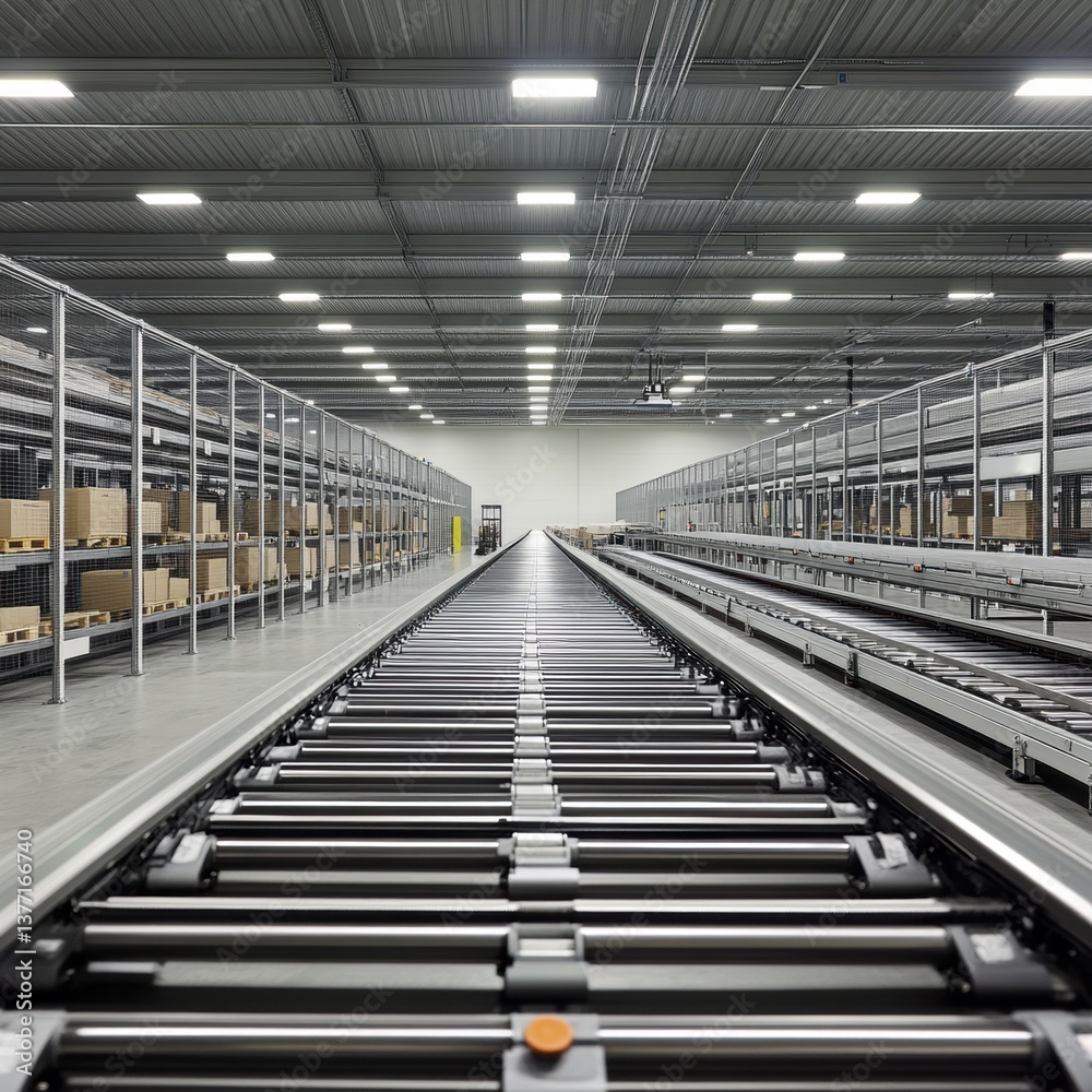 Fototapeta premium Futuristic interior of a spacious warehouse featuring an extensive array of neatly organized shelving units