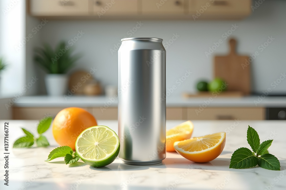 Sleek Silver Beverage Can Mockup Surrounded by Fresh Citrus Fruits on a Bright Kitchen Countertop for a Refreshing and Healthy Drink Concept Presentation