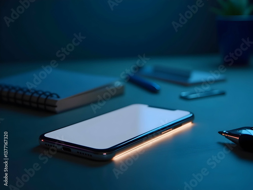 Wallpaper Mural Sleek Silver-Framed Smartphone Displaying a Blank Screen with Office Supplies and Minimalist Aesthetics for Modern Technology and Productivity Torontodigital.ca