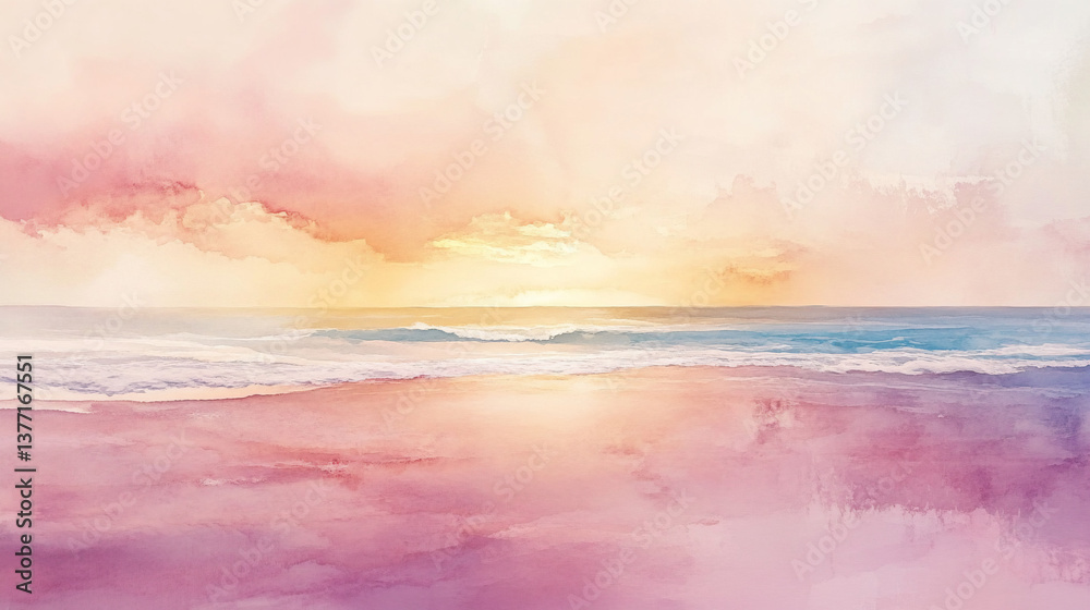 Obraz premium Serene pastel sunset over tranquil ocean beach.