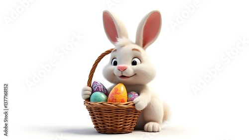 3D Easter Bunny with a basket of colorful decorated eggs, ideal for spring celebrations, holidays, and festive designs