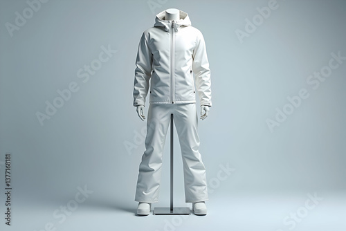 Sleek White Ski Suit Displayed on Mannequin, Ideal for Winter Sports Apparel Design Presentations and E-commerce Showcases of High-Performance Outerwear Garments