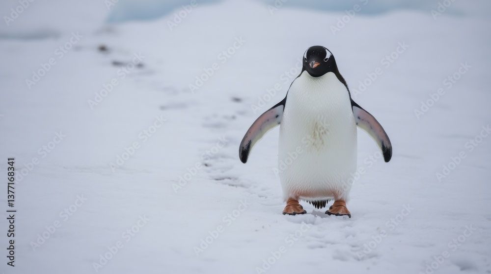 Obraz premium A solitary penguin stands on snowy terrain, leaving tracks behind, amidst a cold and icy landscape, showcasing its distinctive features.