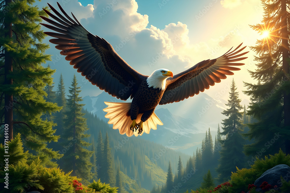 Fototapeta premium Soaring Majesty, A Bald Eagle's Flight Through a Scenic Landscape, A symbol of freedom and the wild, capturing the beauty of nature's harmony and the eagle's powerful presence