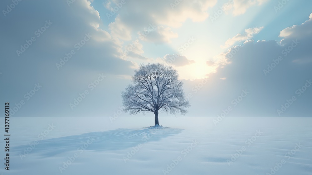 Lone frosted tree standing in snowy open field with cloudy sky and soft winter light Lone frosted tree standing in snowy open field with cloudy sky and soft winter light