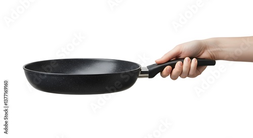 A hand holding a non stick frying pan with a black handle against a white background