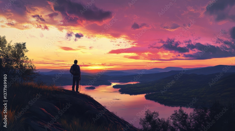 Obraz premium A serene sunset view over a river, with a figure standing on a rocky ledge, surrounded by lush greenery and vibrant clouds.