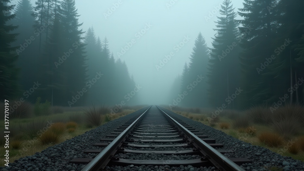 Empty railway track stretching into foggy forest with mist and bare trees Empty railway track stretching into foggy forest with mist and bare trees