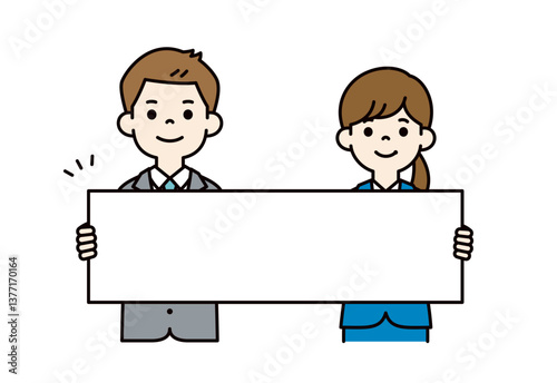 長いメッセージボードを持つ、若い男女の会社員のベクターイラスト素材＿＿線の編集可能＿カラー