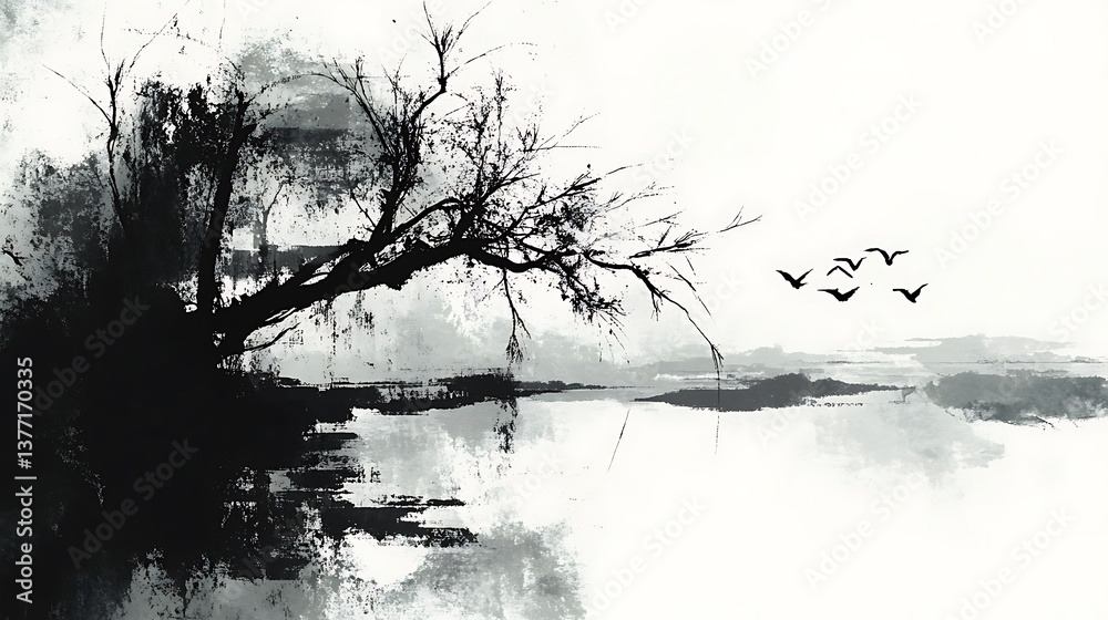 Fototapeta premium Monochrome lake with tree, and birds.