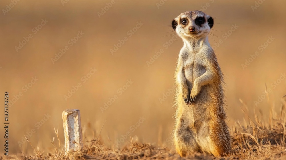 Fototapeta premium A curious meerkat stands upright in a grassy landscape, surveying its surroundings.