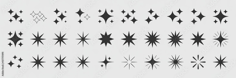 Collection of various starburst and sparkle shapes in black on a light background. Collection of various starburst and sparkle shapes in black on a light background.