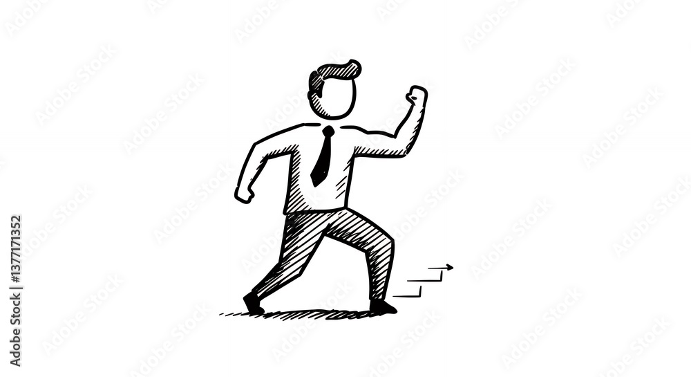 Fototapeta premium Cartoon Businessman Climbing Steps Towards Success with Motivation and Determination