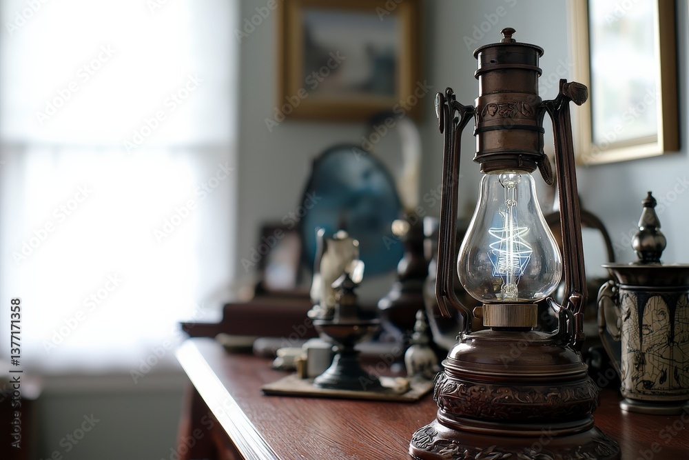 Antique Gas Lamp with LED Bulb Symbolizing Progress and Innovation Antique Gas Lamp with LED Bulb Symbolizing Progress and Innovation